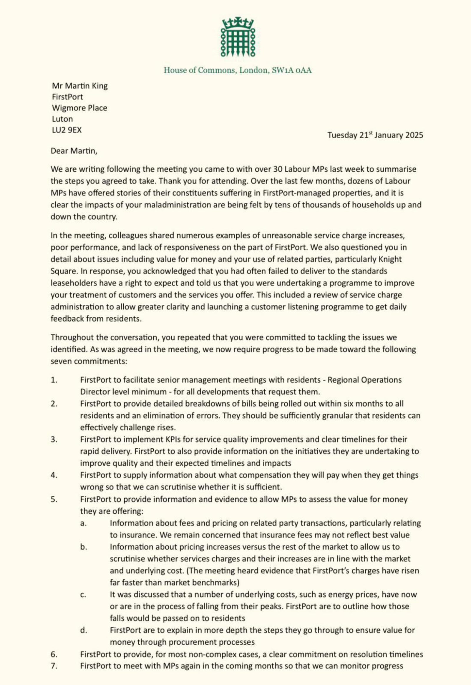 Page one of the letter to FirstPort