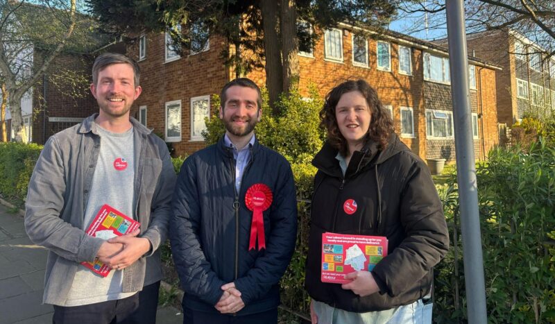 Dan Tomlinson, Ezra Cohen, and Ella Rose canvassing in Whetstone, Barnet
