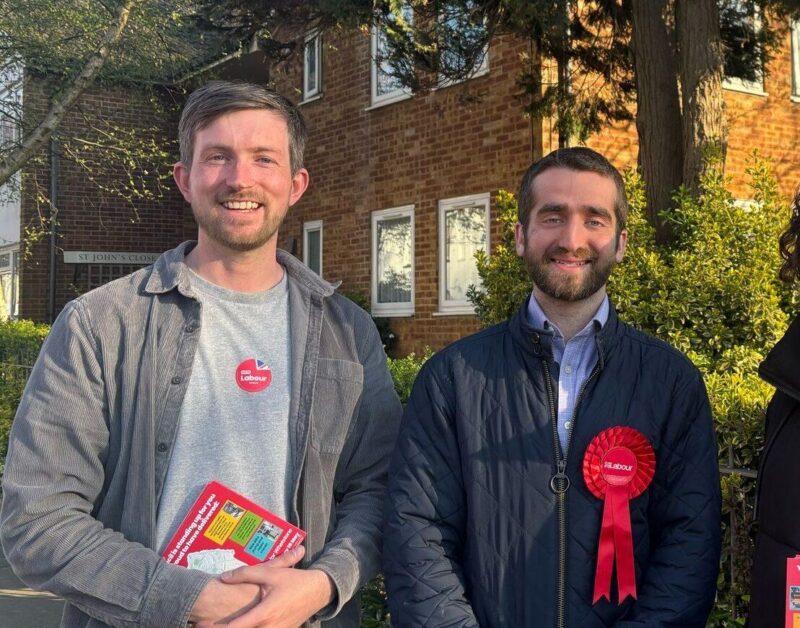 Dan Tomlinson, Ezra Cohen, and Ella Rose canvassing in Whetstone, Barnet